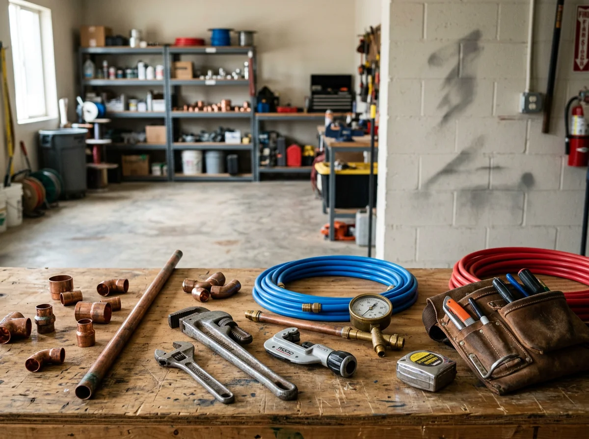 Plumbing tools and equipment arranged on a workbench, representing the trade services offered.
