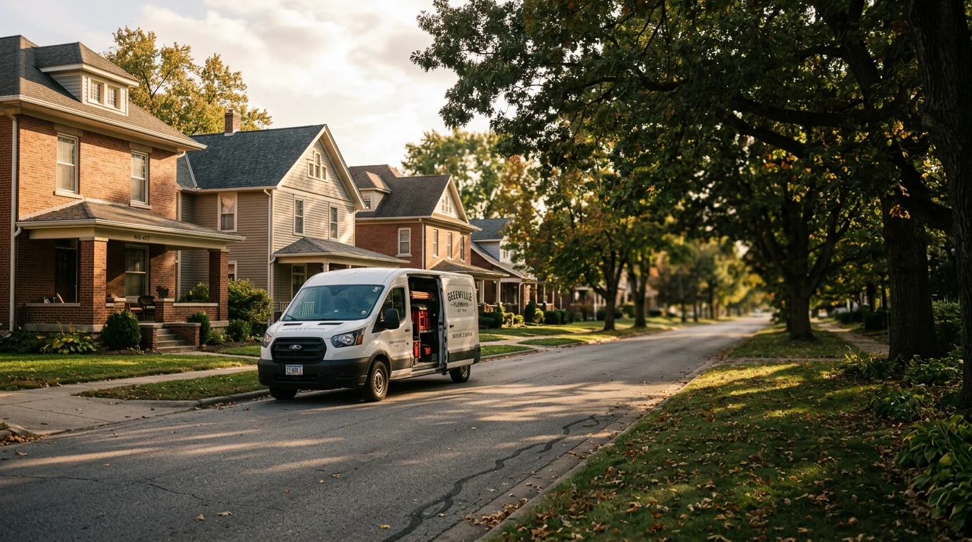 Residential street in Greenville, Illinois with historic homes and mature trees lining the road.