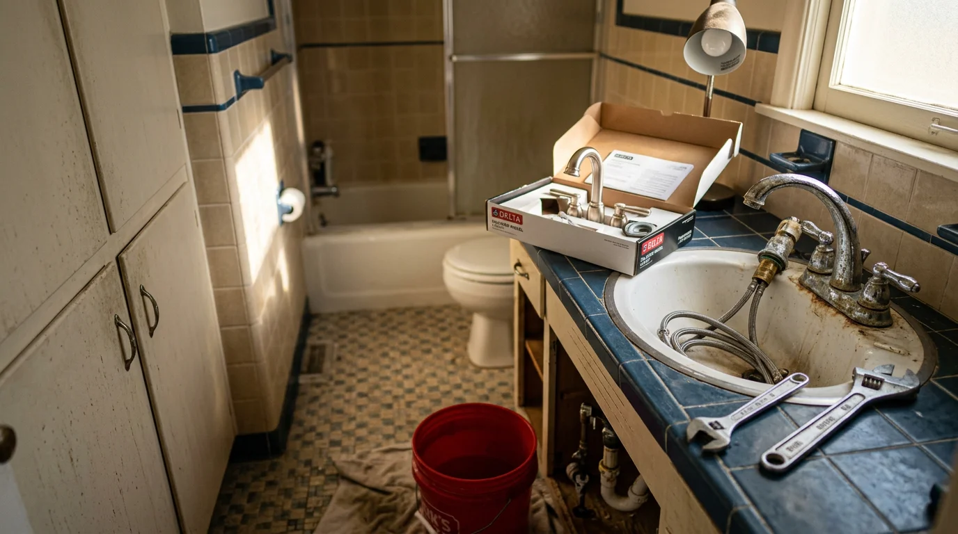 A newly installed bathroom faucet and sink fixture in a Greenville, Illinois home, with clean supply line connections visible beneath the basin. The surrounding vanity shows no water staining or corrosion, reflecting a completed fixture replacement by Burge Plumbing LLC.