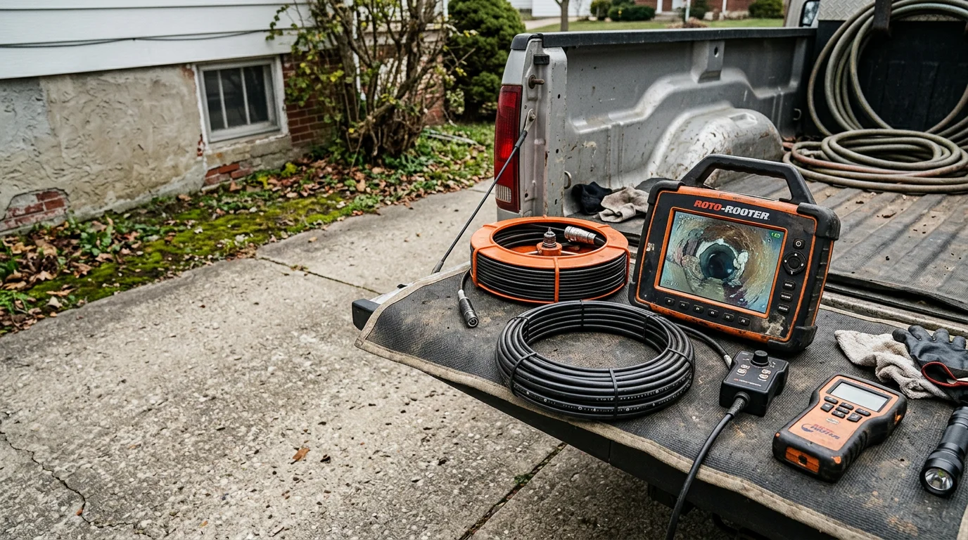 A plumber from Burge Plumbing LLC feeds a drain inspection camera into a residential sewer cleanout at a Greenville, Illinois home. The monitor displays a live view of the interior pipe condition, showing early root intrusion along a clay tile joint.