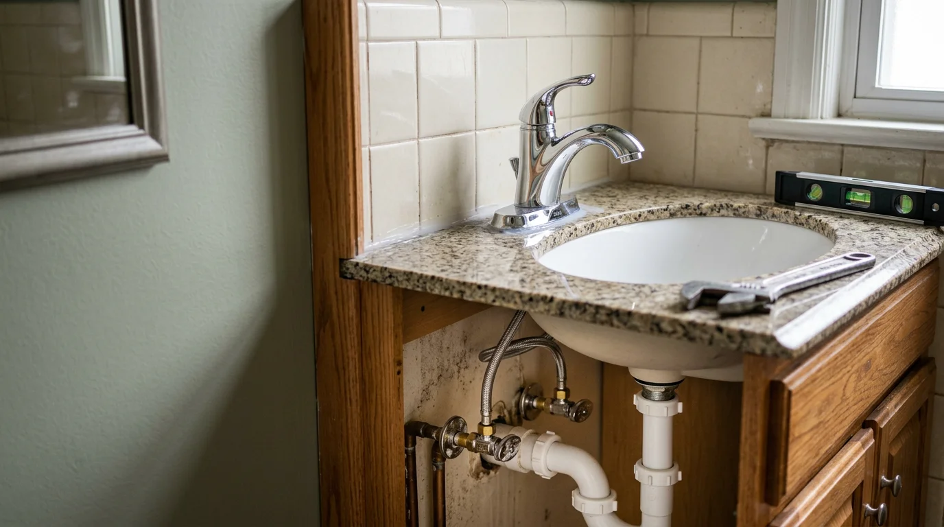A licensed plumber connecting supply lines beneath a newly installed bathroom sink in a Greenville, Illinois home. The finished fixture sits above a clean vanity with shutoff valves and drain trap fully secured.
