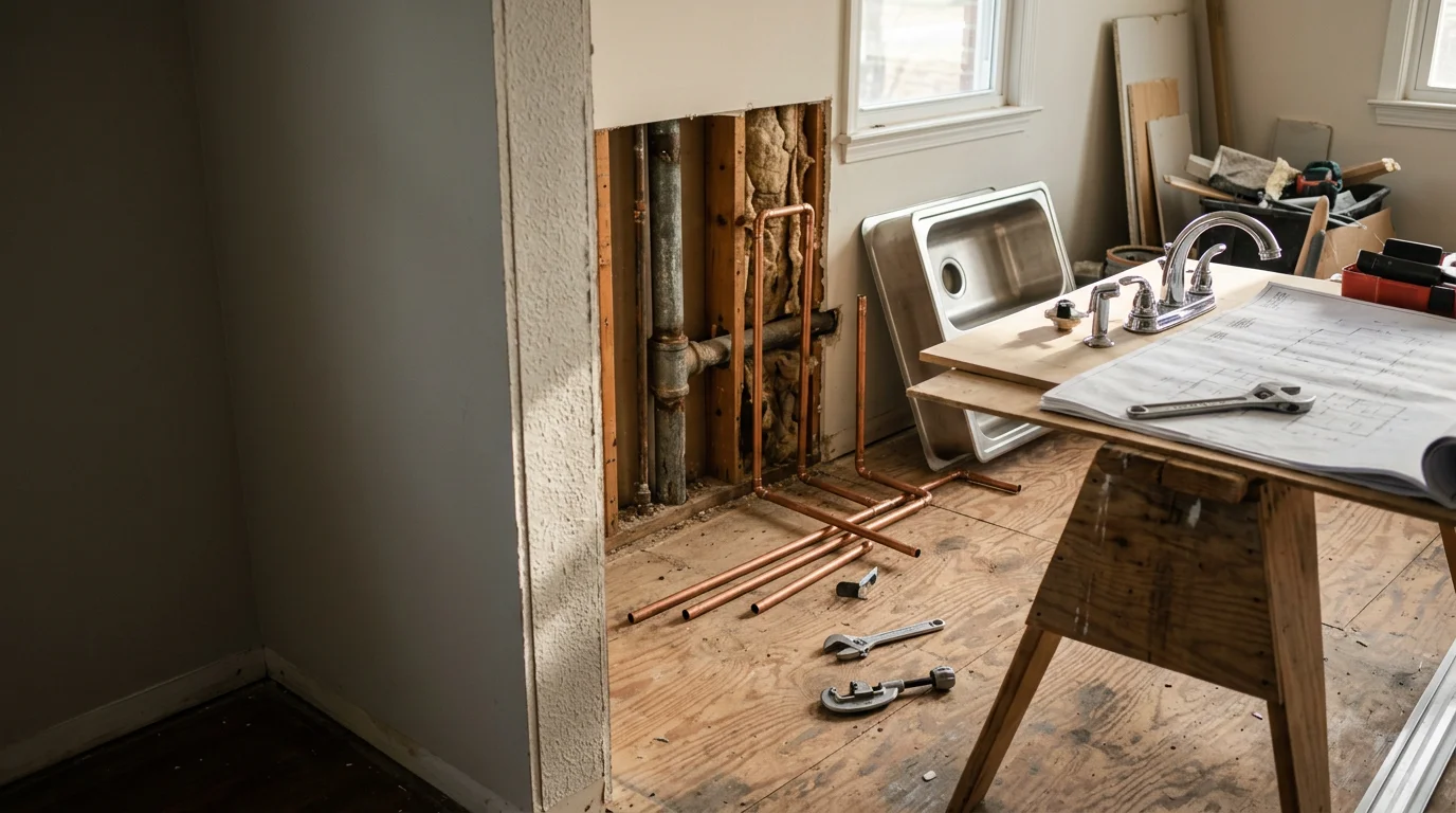 A remodeled kitchen interior in a Greenville, Illinois home showing a new sink, updated cabinetry, and fresh countertops. The space reflects completed plumbing and finish work typical of a Bond County residential kitchen renovation.