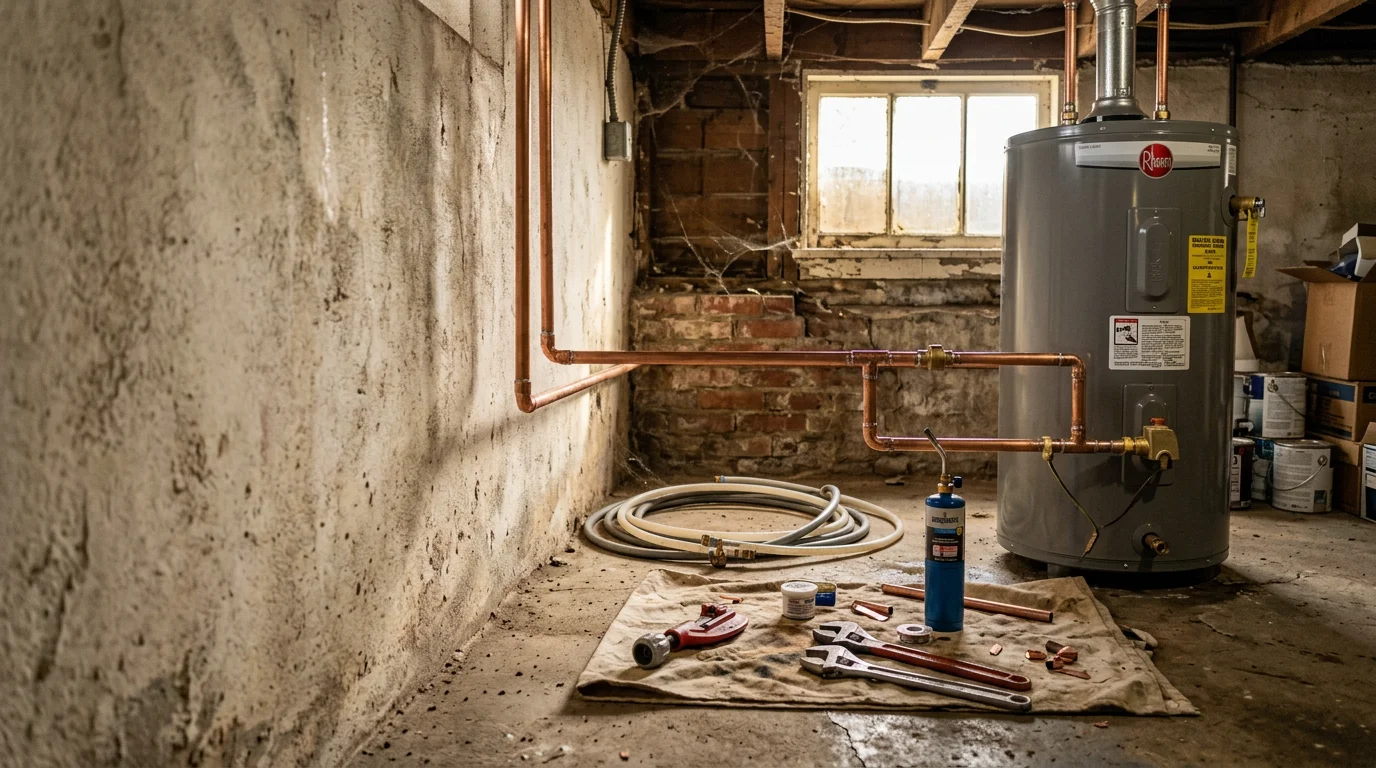 A licensed plumber installing new supply and drain lines under a kitchen sink in an older Greenville, Illinois home. Copper pipe connections and shutoff valves are visible beneath the cabinet.