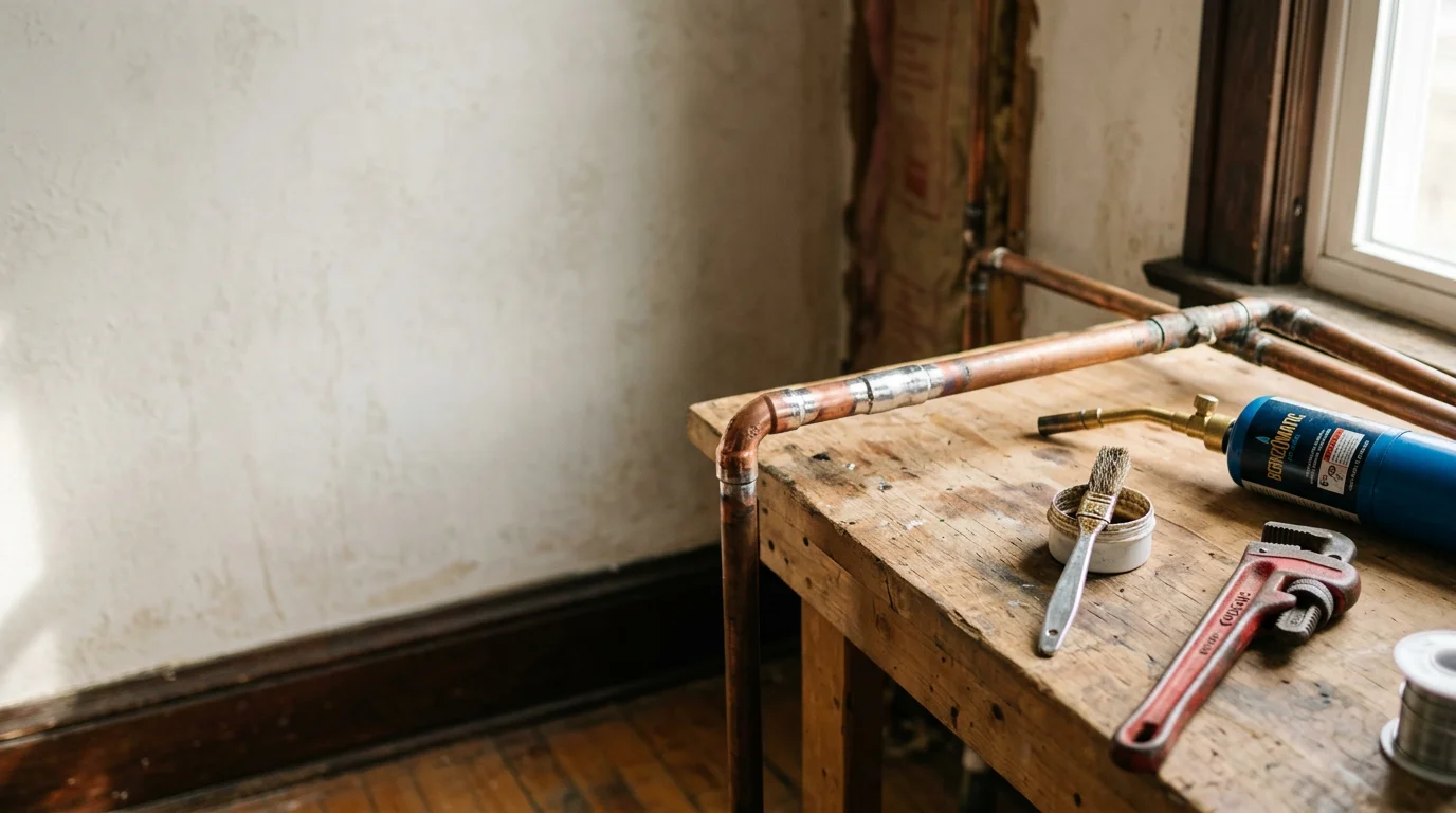 A licensed plumber repairing a corroded pipe under a kitchen sink in an older Greenville, Illinois home. The work area shows exposed supply lines and repair tools on a residential job site.