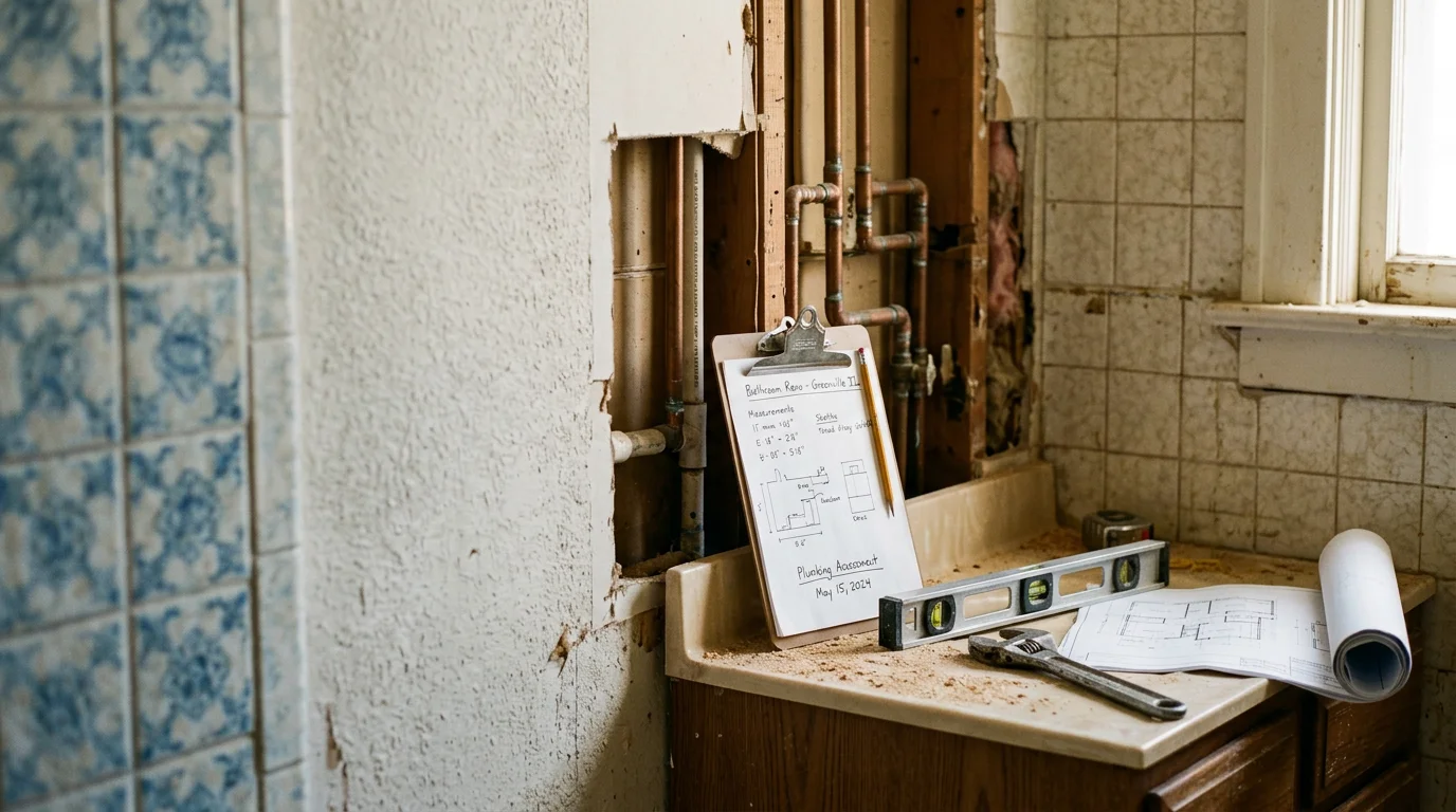 A Burge Plumbing LLC technician reviewing plumbing layout plans with a homeowner in a Greenville, Illinois kitchen during a remodeling consultation. Existing cabinetry and exposed pipe access points are visible in the background.