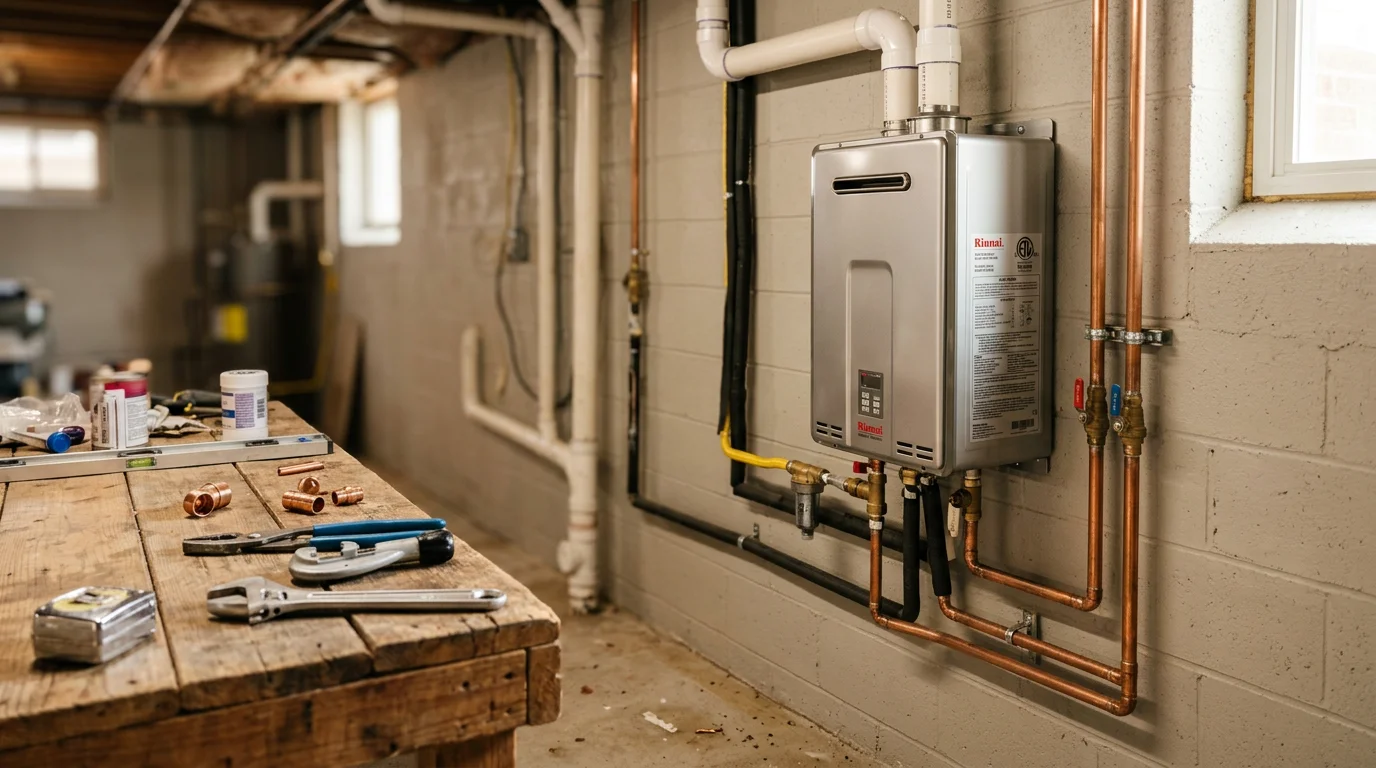 A tankless water heater mounted on a basement wall inside a Greenville, Illinois home, with copper water lines and a gas connection visible. A Burge Plumbing LLC technician inspects the completed installation.