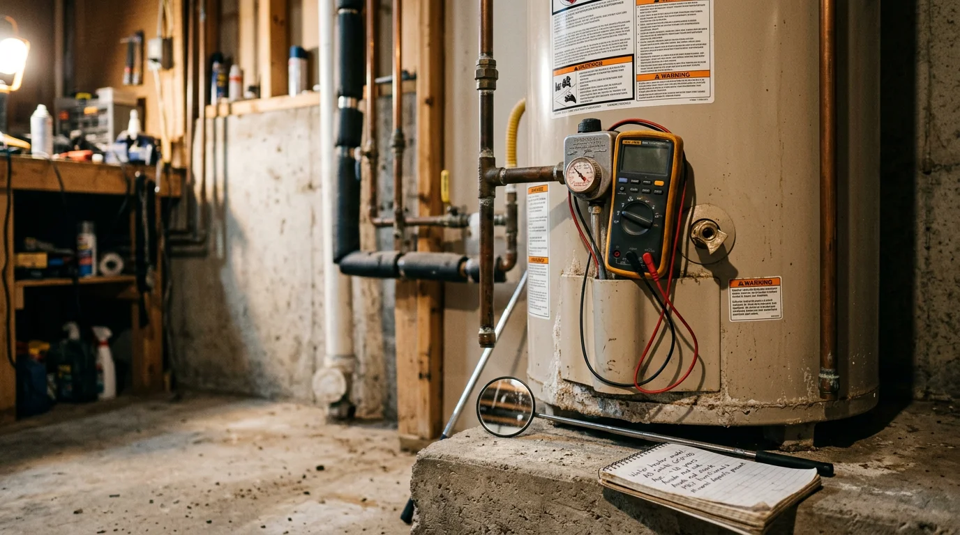 A licensed plumber from Burge Plumbing LLC inspecting a residential tank-style water heater in a Greenville, Illinois utility room. The plumber checks the pressure relief valve and tank connections during a routine annual inspection.