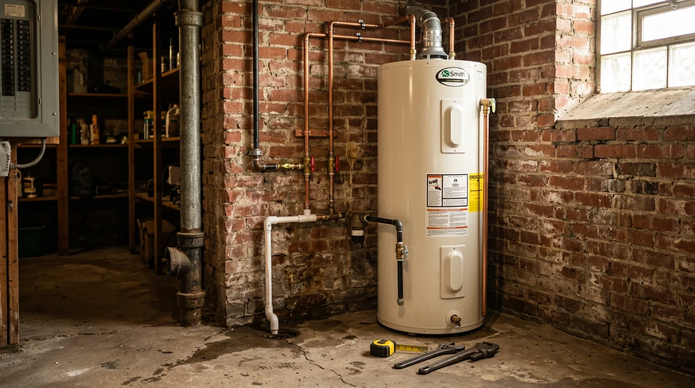 A licensed plumber from Burge Plumbing LLC installing a new water heater in the utility area of a residential home in Greenville, Illinois. The old tank has been disconnected and the new unit is being fitted to the existing supply and drain connections.