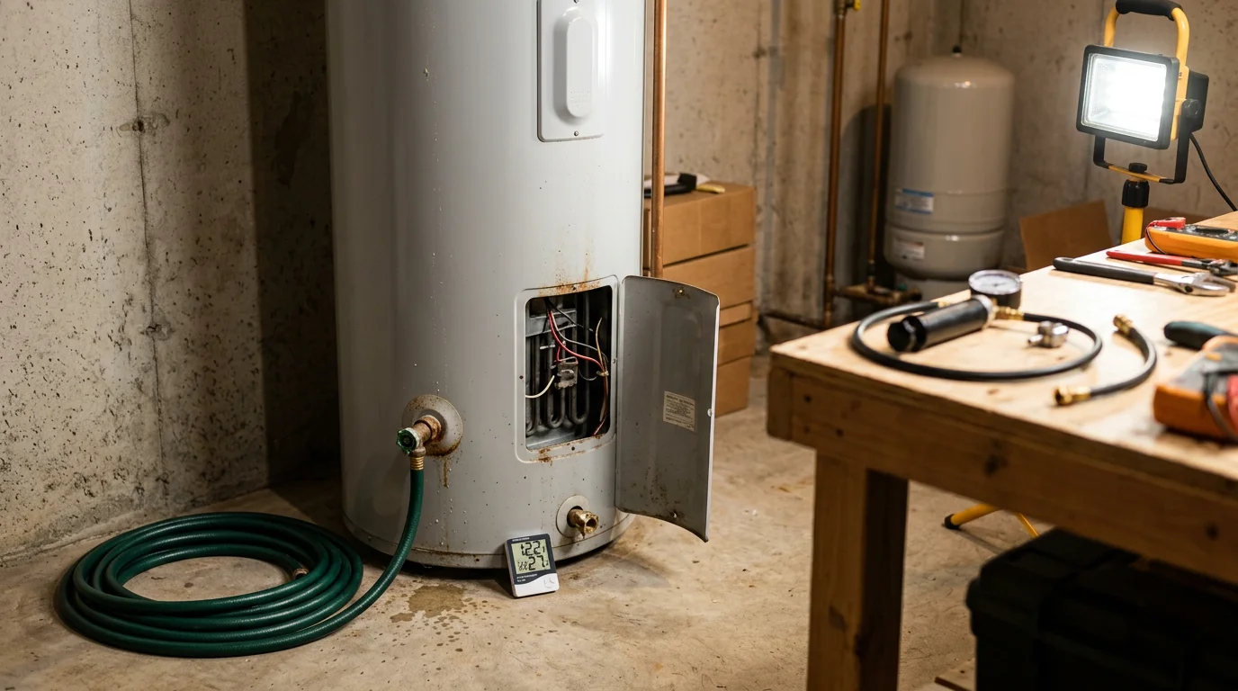A plumber from Burge Plumbing LLC inspecting a residential water heater tank in a Greenville, Illinois home. The technician checks the pressure relief valve and anode rod during a routine maintenance visit.