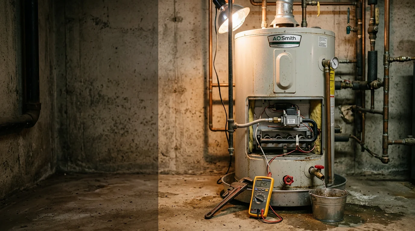 A licensed plumber from Burge Plumbing LLC inspecting a residential tank water heater in a Greenville, Illinois home utility room. The image shows the plumber checking connections and the base of the unit for signs of sediment buildup or leaks.