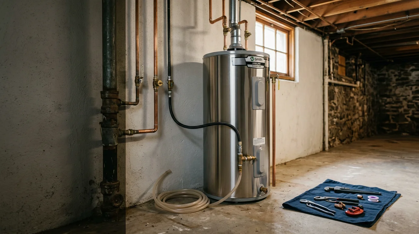 A newly installed water heater tank in the utility room of a Greenville, Illinois home, with fresh copper supply lines and a clean pressure relief valve connection. The surrounding area is clear and the installation is flush against the wall in a typical Bond County residential setting.